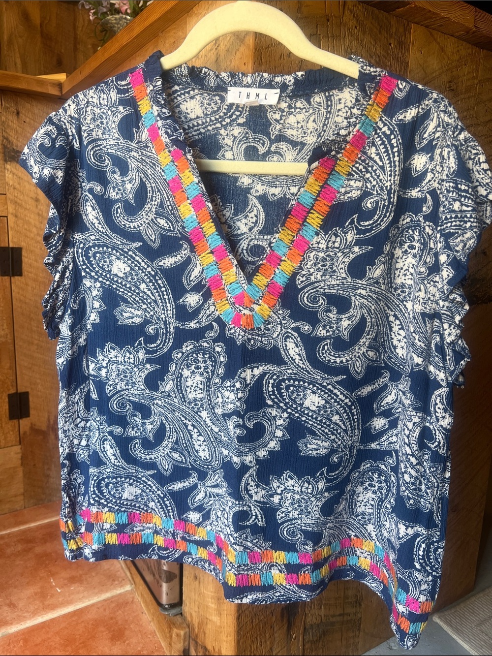 THML Navy Paisley V-Neck Top with Multicolor Trim